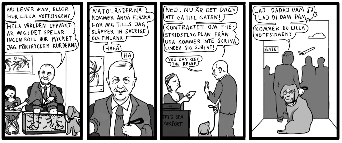 Svartvit komisk politisk satir om Natoprocessen 2022