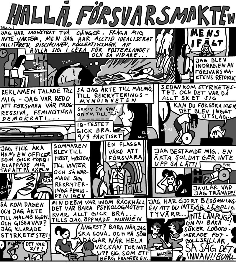Svartvit komisk serie om en tjej som försöker klara mönstringen